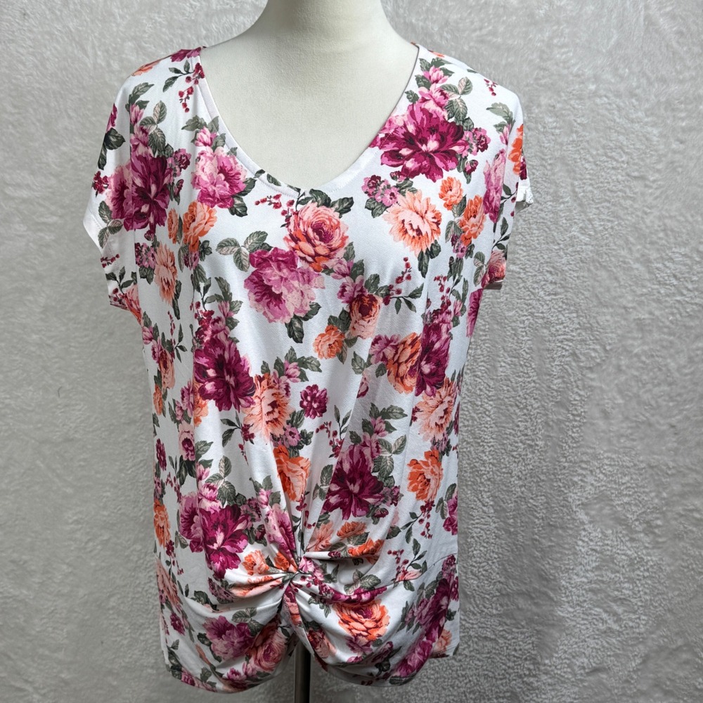 Bobbie Brooks Floral Knot‎ Front Top Lace Detail Short Sleeve White L